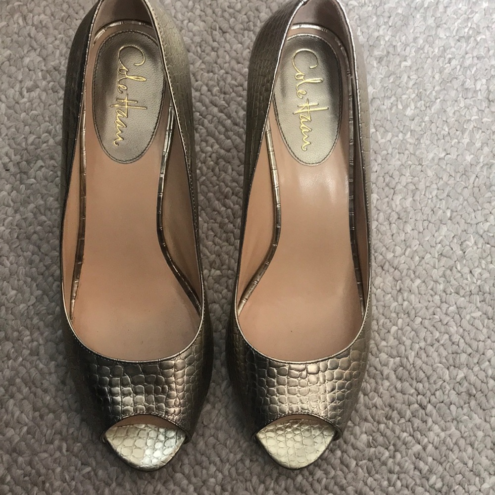 Cole Haan open toed gold pumps / high heels